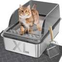 UPSKY Stainless Steel Cat Litter Box with Lid, XL Large Metal Litter Box for Large Breeds, Enclosed Kitty Litter Pan with High Sides, Leak-Proof & Non-Stick, Easy to Clean, Scoop and Mat Included