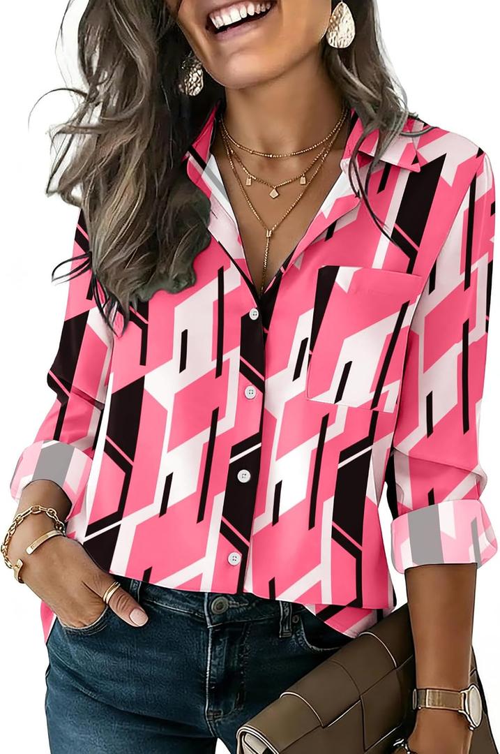 HOTOUCH Button Down Shirts for Women Long Sleeve Blouse Dressy Casual Business Work Tops with Pocket, L