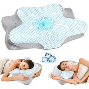 Cervical Pillow for Neck Pain Relief - Ergonomic Pillow for Sleeping Side Sleeper Pillow for Adults, Contour Neck Pillow Cooling Memory Foam Pillows, Orthopedic Bed Pillow for Back Stomach Sleepers (Blue + Grey)