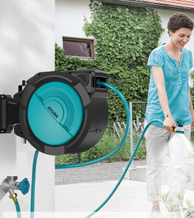 AYURA Retractable Garden Hose Reel, 5/8 inch x 66 ft Water Hose Reel Wall Mounted, UV Resistant Double Shell, Any Length Lock, Slow Auto-Rewind, 180°Swivel Bracket, 10 Pattern Nozzle