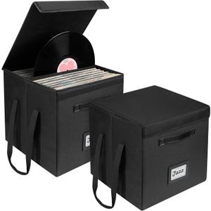 Uniclife 2 Pack Vinyl Record Storage Box, Collapsible LP Storage Organizer with Lid & Handles, Splash-Resistant Album Storage Crate for 120 Single Records (12"), Vinyl Record Holder, 13" 13" 13"