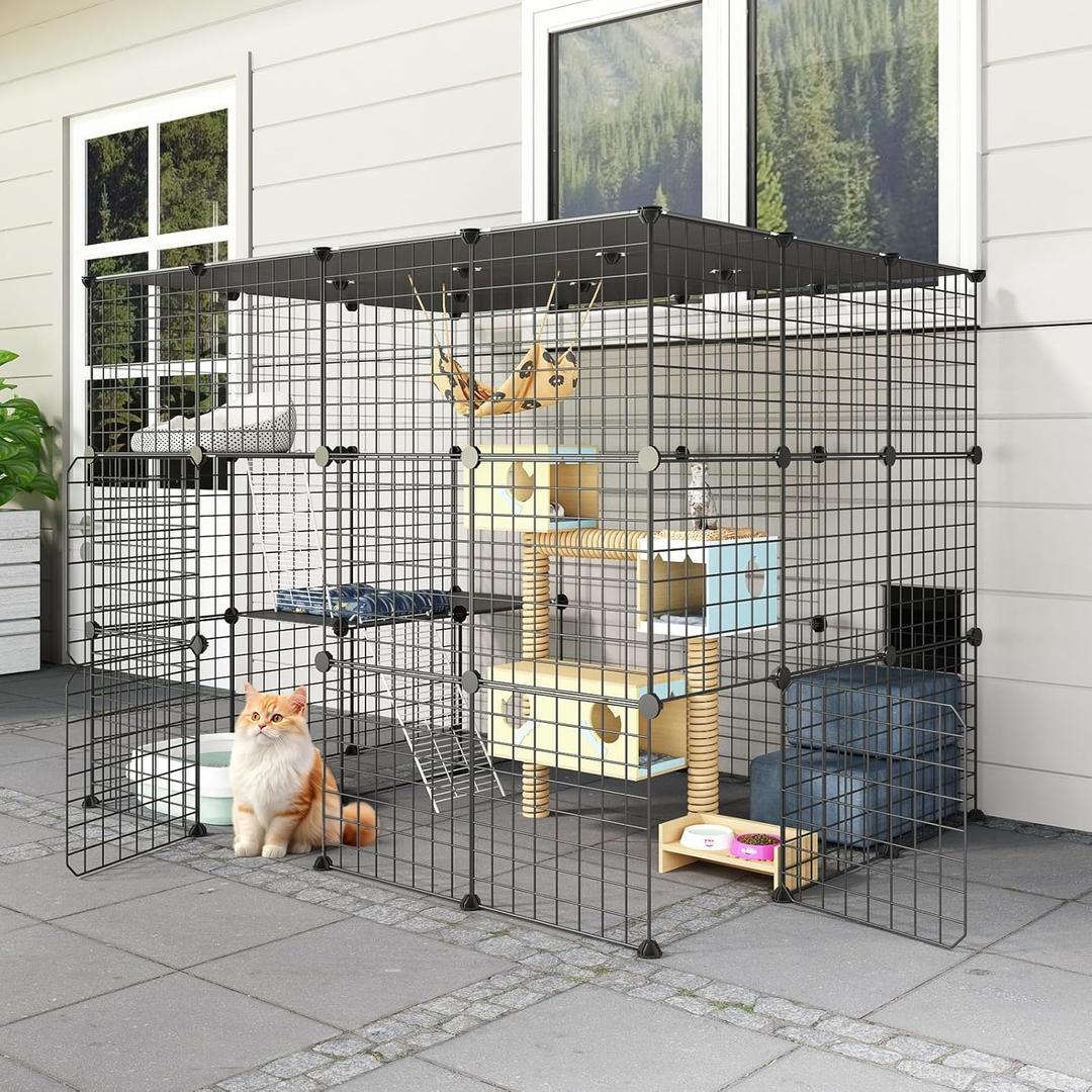 Oneluck Outdoor Cat House Cat Cages Enclosure with Super Large Enter Door, 55L x 41W x41H Balcony Cat Playpen with Platforms,DIY Kennels Crate Large Exercise Place Ideal for 1-3 Cats