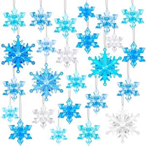 60Pcs Winter Snowflake Ornaments, Winter 3D Translucent Snowflake Hanging Ornaments for Christmas Tree Crystal Gems Pendants with Rope for Holiday Party Vase Filler (Blue)