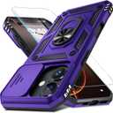 Janmitta Case for iPhone 13 Pro Phone Cover Built in Slide Camera Lens Cover+Screen Protector,Heavy Duty Shockproof Full Body PhoneCase with Finger Ring Holder Kickstand,Purple