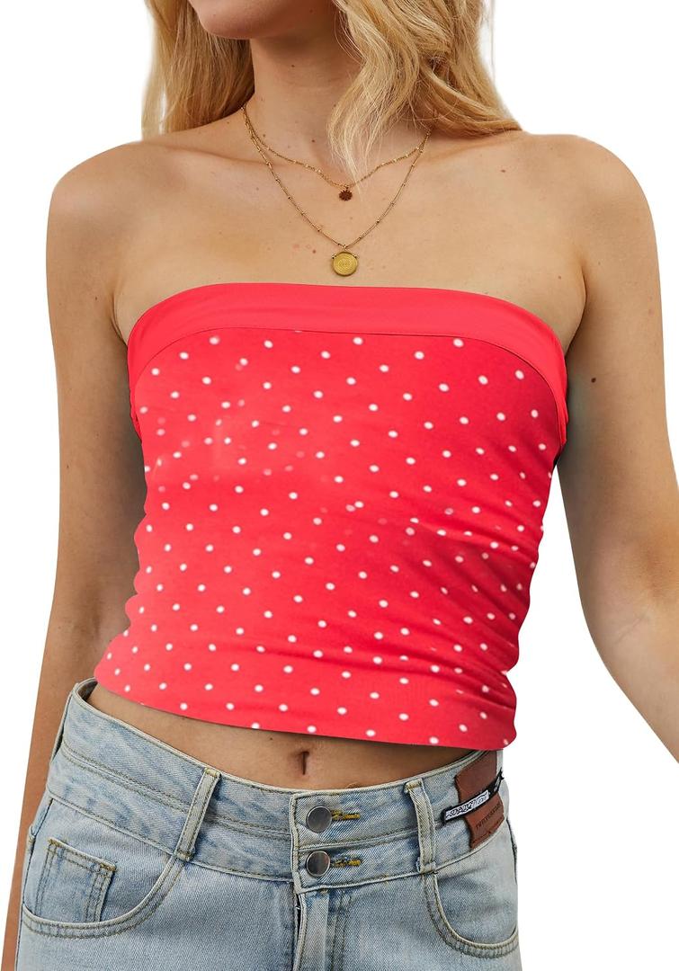 Floral Mesh Tube Bandeau Top Women 2025 Reversible Foldover Sleeveless Strapless Tank Y2k Summer Going Out Crop Tops