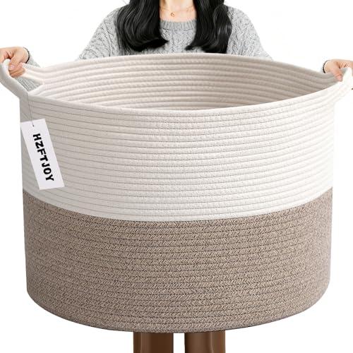 HZFTJOY 115L Extra Large Blanket Basket,Woven Rope Laundry Basket Hamper with Handles, Decorative Nursery Basket Storage Bin for Toys, Clothes Organizer, Living Room, Bedroom, Bathroom, White & Brown