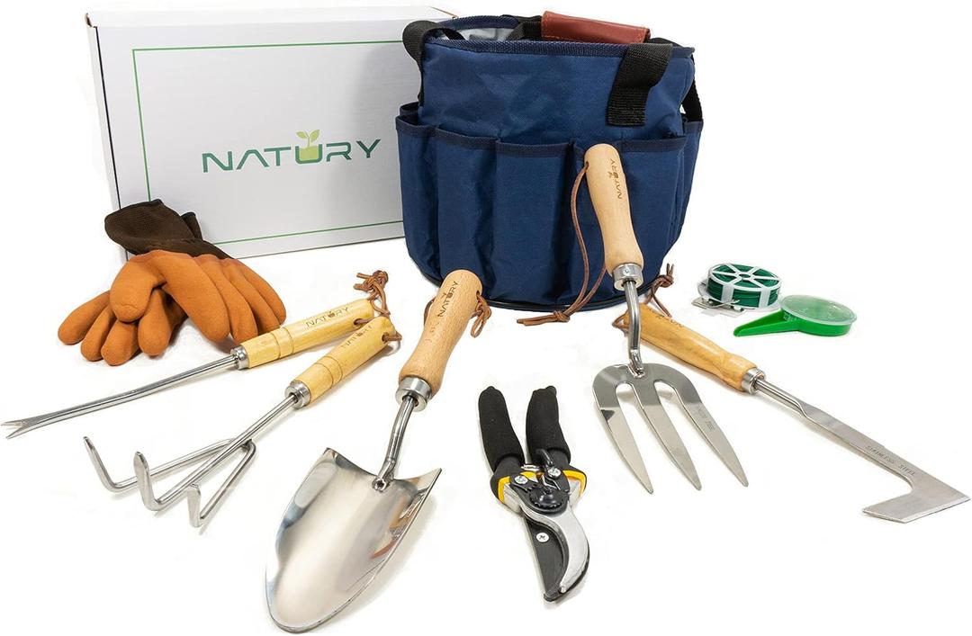Natury Garden Tools Set Premium Stainless Steel Gardening Hand Tools with Solid Beechwood Handle Gardening Kit with Rake, Shovel, Gloves, Shears, Tool Organizer Garden Gifts for Women and Men