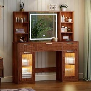 47" Large Vanity, Modern Fluted Makeup Vanity Desk with Mirror and Lights, Glass Top Vanity with 3 Drawers and 2 Cabinets&Charging Station, Dressing Table for women and girls’ bedrooms. Walnut