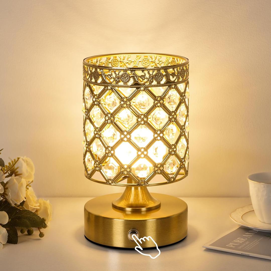 TOBUSA Gold Rechargeable Cordless Table Lamp, 6000mAh Crystal Battery Operated Lamp with 3 Color Temps & Stepless Dimming, Portable Bedside Touch Small Desk Lamp, Vintage Wireless LED Night Light (1-Pack)