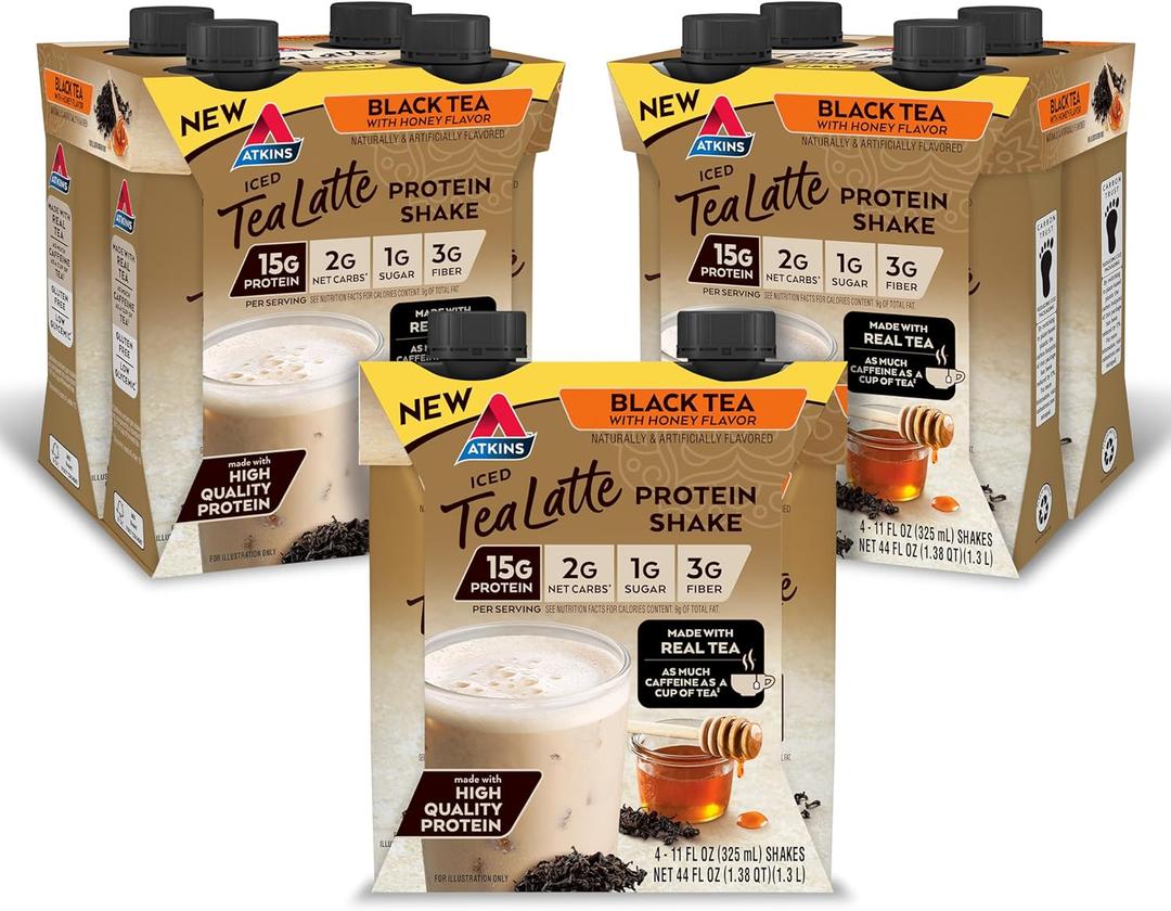Atkins Iced Tea Latte Protein Shake, Black Tea with Honey, 15g Protein, 3g Fiber, 1g Sugar, Made with Real Tea, 12 Shakes (11 Fl Oz (Pack of 12)), BB Date: 08/12/2026