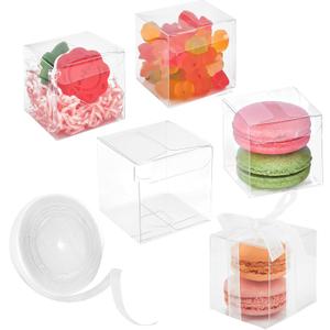 100 Pack 2x2x2 Inches Clear Favor Boxes with Ribbons, Mini Transparent Cube Treat Boxes for Candy & Chocolate Bomb, Plastic Individual Macaron Packaging, Box for 2