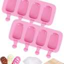 Ouddy Life Popsicle Molds Set of 2, Ice Pop Molds Silicone 4 Cavities Ice Cream Mold Oval Cake Pop Mold with 50 Wooden Sticks for DIY Popsicle, Pink