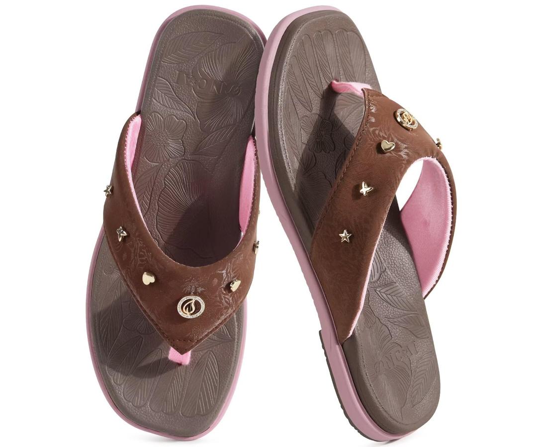 ONCAI Women's Flat Flip Flops Size 8 Summer Trendy Dressy Beach Cute Pool Vacation Essentials Sandals Studded Faux Leather Brown/Pink Walking Rivet Sandalias with Waterproof Outdoor Rubber Sole
