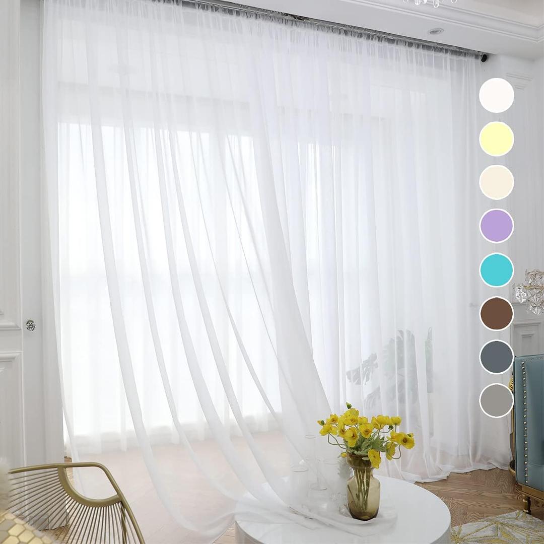 ABCHOME White Sheer Curtains 130 Inches Long 2 Panels,Rod Pocket Voile Semi Sheer Window Curtains for Kitchen, Bedroom and Living Room(White, 52 W x 130 L)