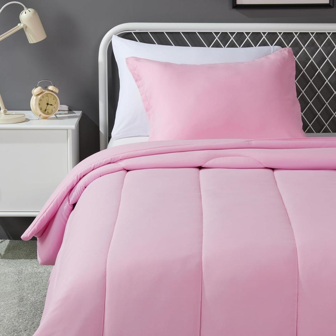 Amazon Basics 2 Piece Soft Microfiber Kid's Comforter and Pillow Sham Set, Twin, Light Pink, Solid