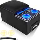Upgraded Center Console with Lock, Truck Bench Front Seats Center Console Organizer and Storage, Cup & Phone Holder for Minivan SUV Van, Fast Phone Charging & 7-Color Adjustable LED Lighting (Black)