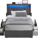 VASAGLE LED Bed Frame Twin Size, Twin Bed with Headboard and 4 Drawers, 1 USB Port and 1 Type C Port, Adjustable Upholstered Headboard 37.1/39.6 Inches, No Box Spring Needed, Dark Gray URMB823G71
