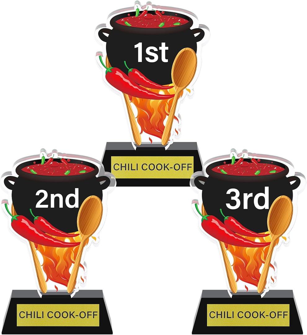 DoubleFill 3 Pcs Chili Cook Off Trophies 1st 2nd 3rd Place Medals 5 Inch Acrylic Chili Cook Off Prizes with Base Medal Decoration for Table Pepper Decor