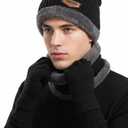 Winter Hat Scarf Gloves Set, 3-in-1 Knit Beanie with Fuzzy Lining, Touch Screen Mittens, Circle Scarf for Men Women (Black)