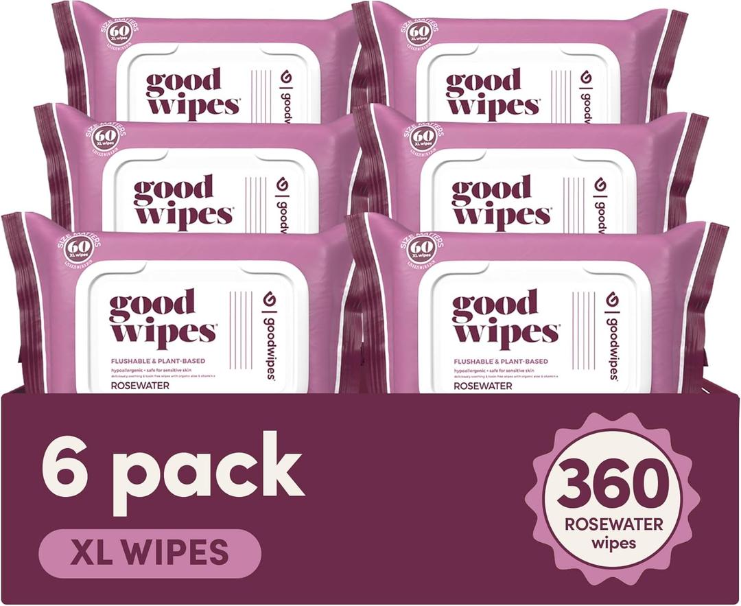 Goodwipes Flushable Butt Wipes Made with Vitamin E & Aloe - Soft & Gentle Wet Wipe Dispenser for Home Use, Septic & Sewer Safe - Largest Adult Toilet Towelettes - Rosewater, 360 Count (6 Packs), Best By: 01/09/2027