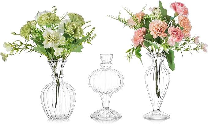 Clear Glass Bud Vases for Centerpieces: Glasseam Handmade Vintage Small Flower Vase Decor Set of 12 Cute Decorative Wedding Centerpiece for Dining Table Living Room Decoration