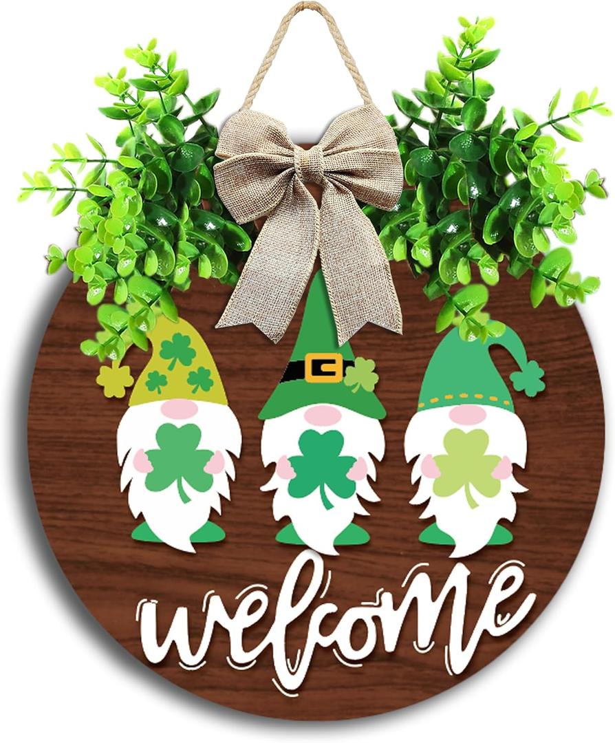 St Patrick Day Welcome Sign for Front Door Décor St Patrick Day Wood Door Wreath with Gnomes Shamrock Burlap Bow Decoration