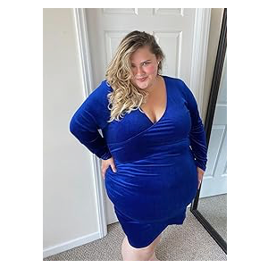 IN'VOLAND Womens Plus Size Long Sleeve Velvet Bodycon Dresses Ruched Wrap V Neck Cocktail Party Dress 16 Plus