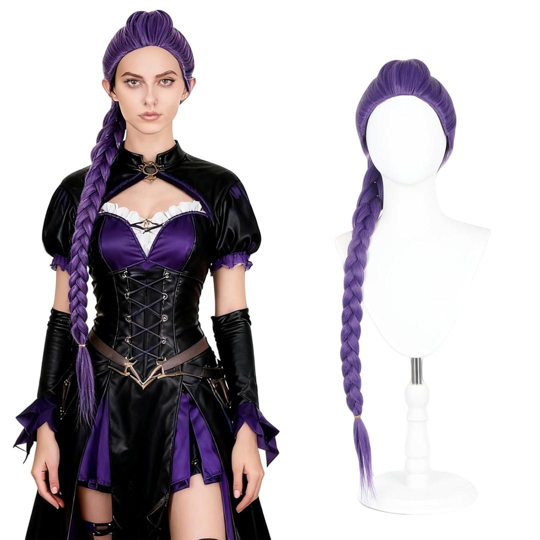 Anime Cosplay Wig Pre-Styled One-Piece Design - Heat Resistant Purple Braided Synthetic Hair with Adjustable Net | Ready to Wear for Halloween, Conventions, Costume Parties