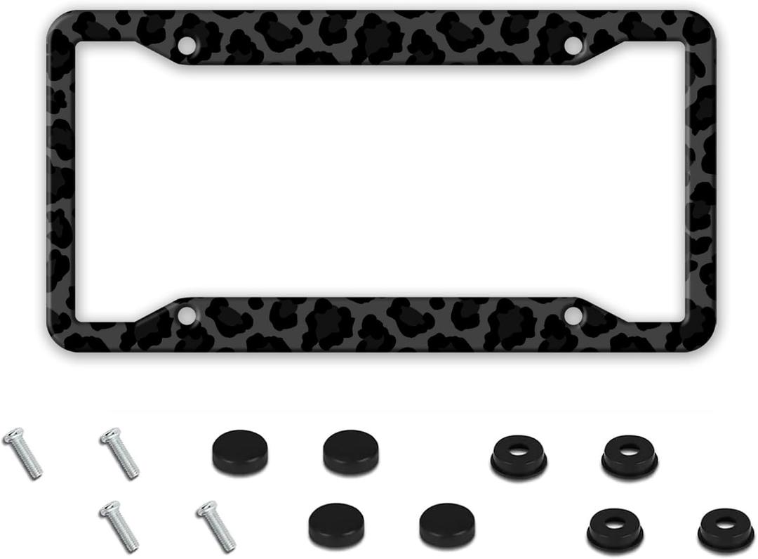 Black Leopard Print License Plate Frame - 1 Pack Aluminum Metal Novelty Auto Tag Frame Black Cheetah Car Accessories License Plate Holder Universal US Canada Size 12.3 x 6.3 Inch 4 Hole with Screws