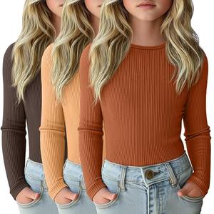 LessonZoo 3 Pack Girls Long Sleeve Shirts Ribbed Knit Cotton Layering Tops Slim Fit Crewneck Casual Undershirts(Chocolate, Ginger Yellow, Pumpkin,XL)