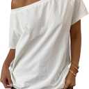 Women's Off The Shoulder Tops Short Sleeve Oversized Tshirts Trendy Y2k Tops Summer T Shirts (White, M)