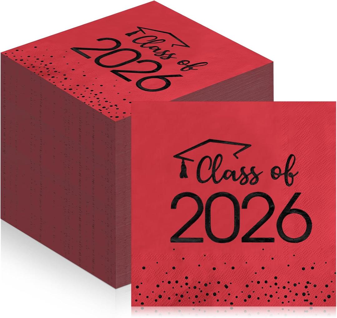 100Pcs Class of 2026 Graduation Napkins, Disposable Congrats Grad Paper Cocktail Napkins Square Foil Dot Hand Towels for 2026 School University College Graduation Party Decorations (Red and Black
