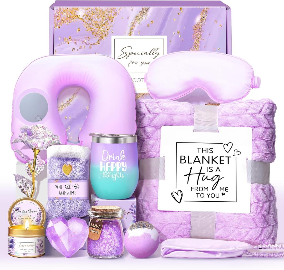 LUCOTIYA Birthday Gifts for Women, Self Care Get Well Soon Gifts, Lavender Relaxing Spa Gift Basket Care Package w/Blanket Unique Valentine Idea for Her,Mom, Friends (Purple)