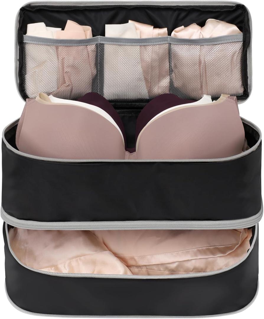 Cambond Travel Underwear Organizer Bag - 4-in-1 Double Layer Lightweight Bra Organizer, Portable Expandable Compression Packing Cubes Travel Packing Organizers, Underwear Storage Bag for Women (Large (for B-36D Cups), Black)
