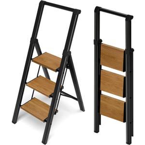 3 Step Ladder,Folding Step Stool with Aluminum Wide Pedal& Convenient Handgrip,330lbs Capacity Steel Ladder for Household and Office(Black &Woodgrain)