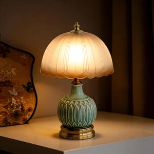 15.7" Mid-Century Modern Table Lamp, Green Ceramic Base with Scalloped Gradient Glass Shade, 3-Color Dimmable LED Bedside Lamp for Bedroom & Living Room, Aesthetic Home Decor, Bulb Included