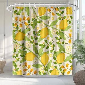 KAIRA Fresh Lemon Shower Curtain with Hooks  72" x 72" Waterproof Fabric Bathroom Curtain, Quick-Drying Easy Clean Fruit & Green Leaves Design