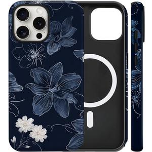 Magnetic for iPhone 13 Pro Case Cute Navy Blue Floral Phone Case, Aesthetic Flower Shockproof Slim TPU and Hard PC Protective Phone Cover Compatible with MagSafe Gift for Women
