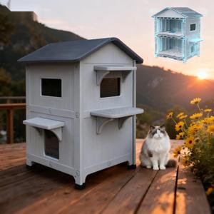 Weatherproof Outdoor Cat House with Mat for Feral Multi Cat, 2 Storey Plastic Insulated Elevated Cat Shelter with Escape Door, Easy Assemble, Expansive Interior Grey 34" D x 21" W x 21.5" H
