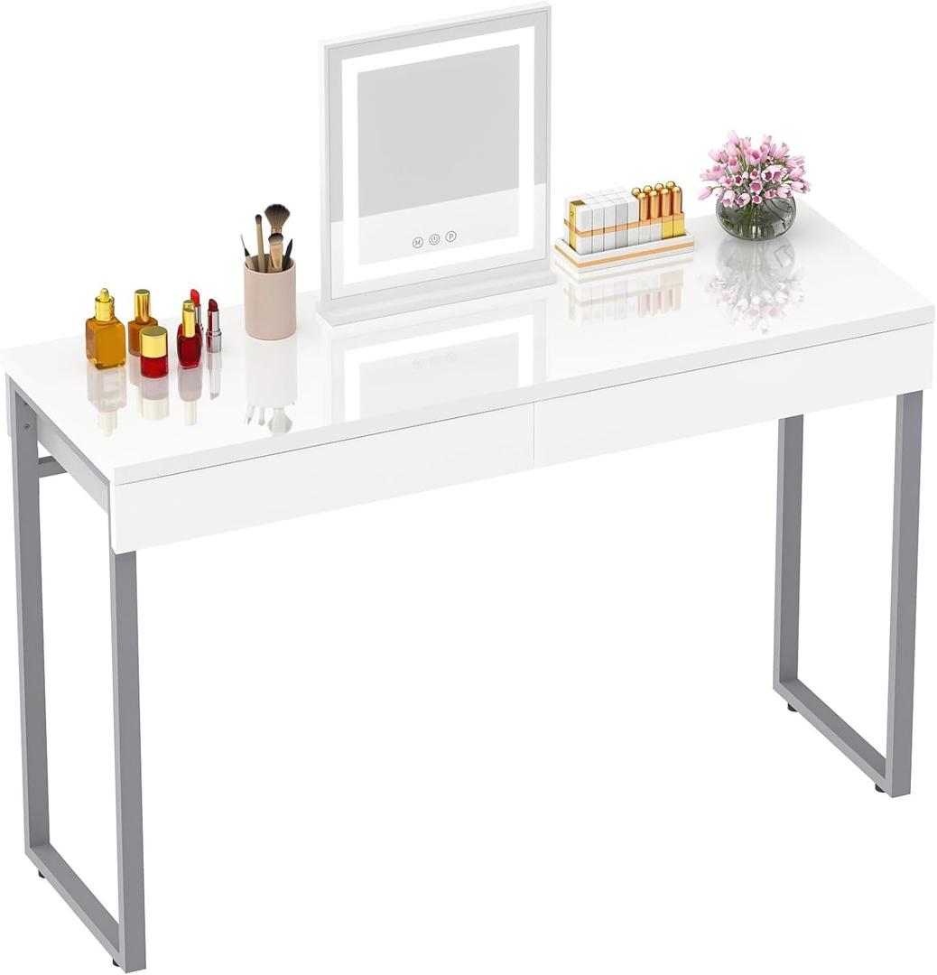 GreenForest Vanity Desk with 2 Drawers,Glossy Desktop White Desk for Bedroom,Makeup Table with Storage Space,Small Desk for Home Office,(39 inch No Mirror) (Silver)