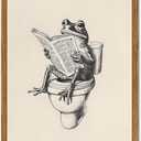 Framed Funny Frog Bathroom Wall Art, Whimsical Frog on Toilet Reading Newspaper Paintings Wall Decor, Humor Animal Pictures Canvas Prints Retro Home Decor for Restroom 12x16 inch