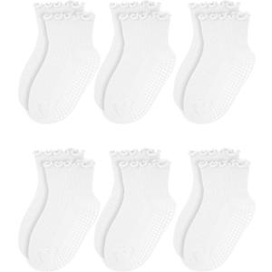 Baby Ruffle Socks - Toddler Girls Non-Slip Socks with Grips - Indoor Soft Cotton Frilly Ankle Sock (White)