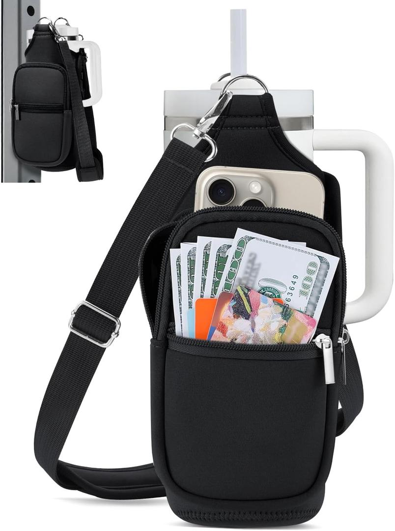 IPOW Magnetic Gym Bag Water Bottle Carrier Holder with Phone Pockets & Shoulder Strap for Men Women, Water Bottle Holder, Gym Pouch, Crossbody Bag for Travel, Sports, Work, Fitness - Black