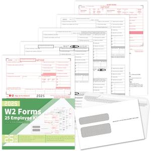 W2 Forms 2025,W2 Tax Forms 2025 with Envelopes,6 Part W2 Tax Forms 2025,25 Employee Kit of Laser Forms with 3 W-3 Transmittal,25 Self Seal Envelopes Included