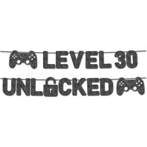 Pre-Strung Level 30 Unlocked Banner - NO DIY - 30th Birthday Banner - Happy 30th Birthday Banner - Black Glitter