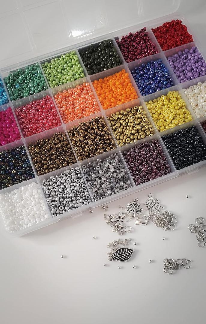 WHIZKID CRAFTS Bead Bracelet Kit - DIY Jewelry Making with Multi-Colored Glass Beads (24 Colors, 200 Pieces Each) and String in Classic Container
