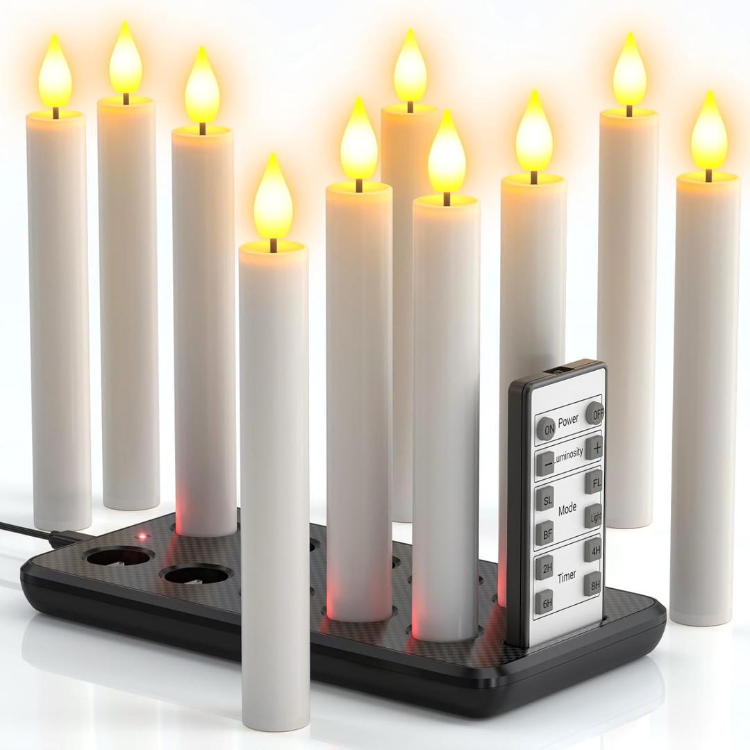 PChero 10 Pcs Rechargeable Flameless Taper Candles with Charging Station, 6.7" LED Candles with Remote & Timer, Battery Operated Flickering Tapered Candlesticks for Window Wedding Christmas Home Decor