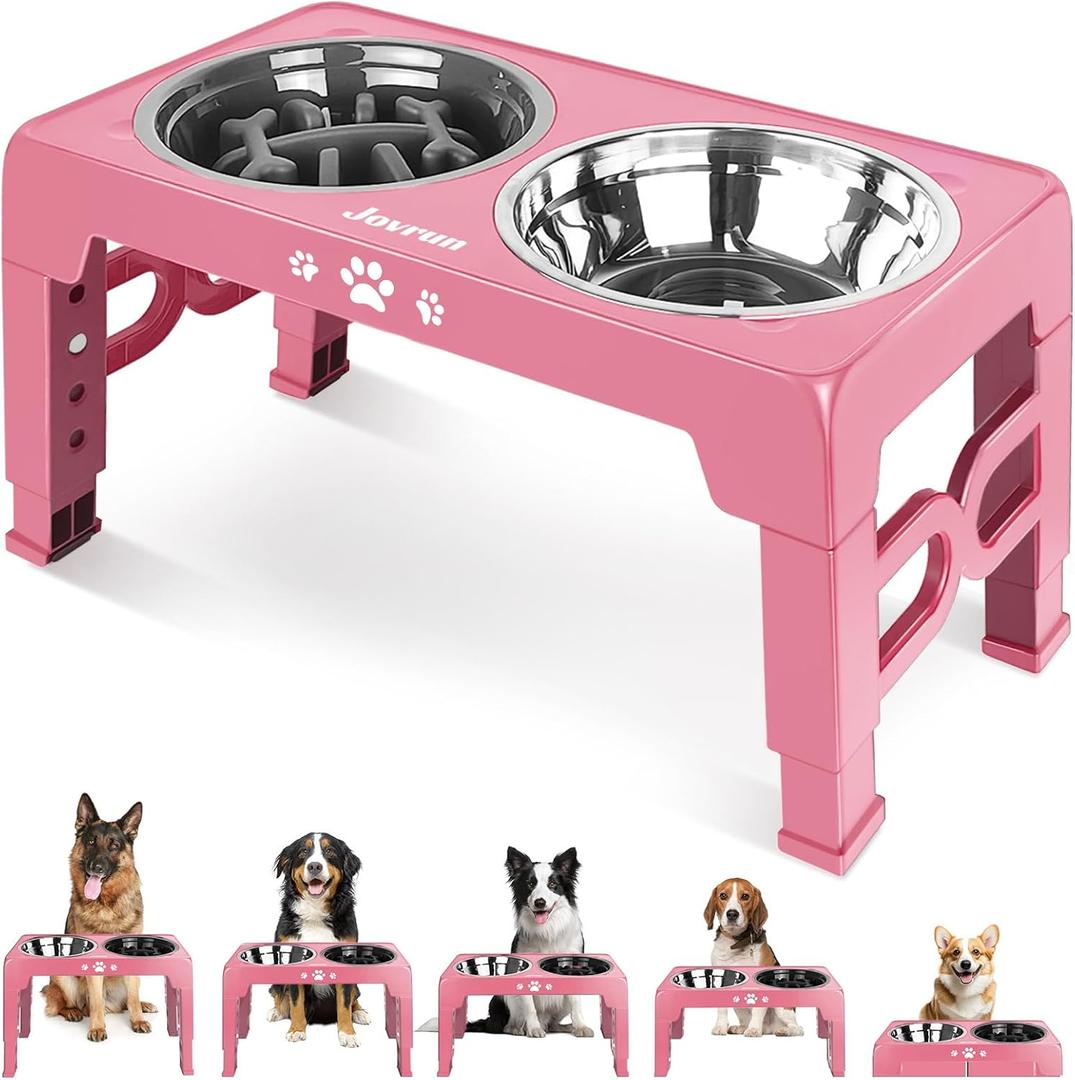 Jovrun Elevated Dog Bowls for Medium Large Size Dogs, Non-Slip Dog Feeder with 1*Stainless Steel Dishes & 1*Slow Feeder Bowl, 5 Heights Adjustable Raised Bowls to 3.15-8.66-9.84-11.02-12.2 (Pink)