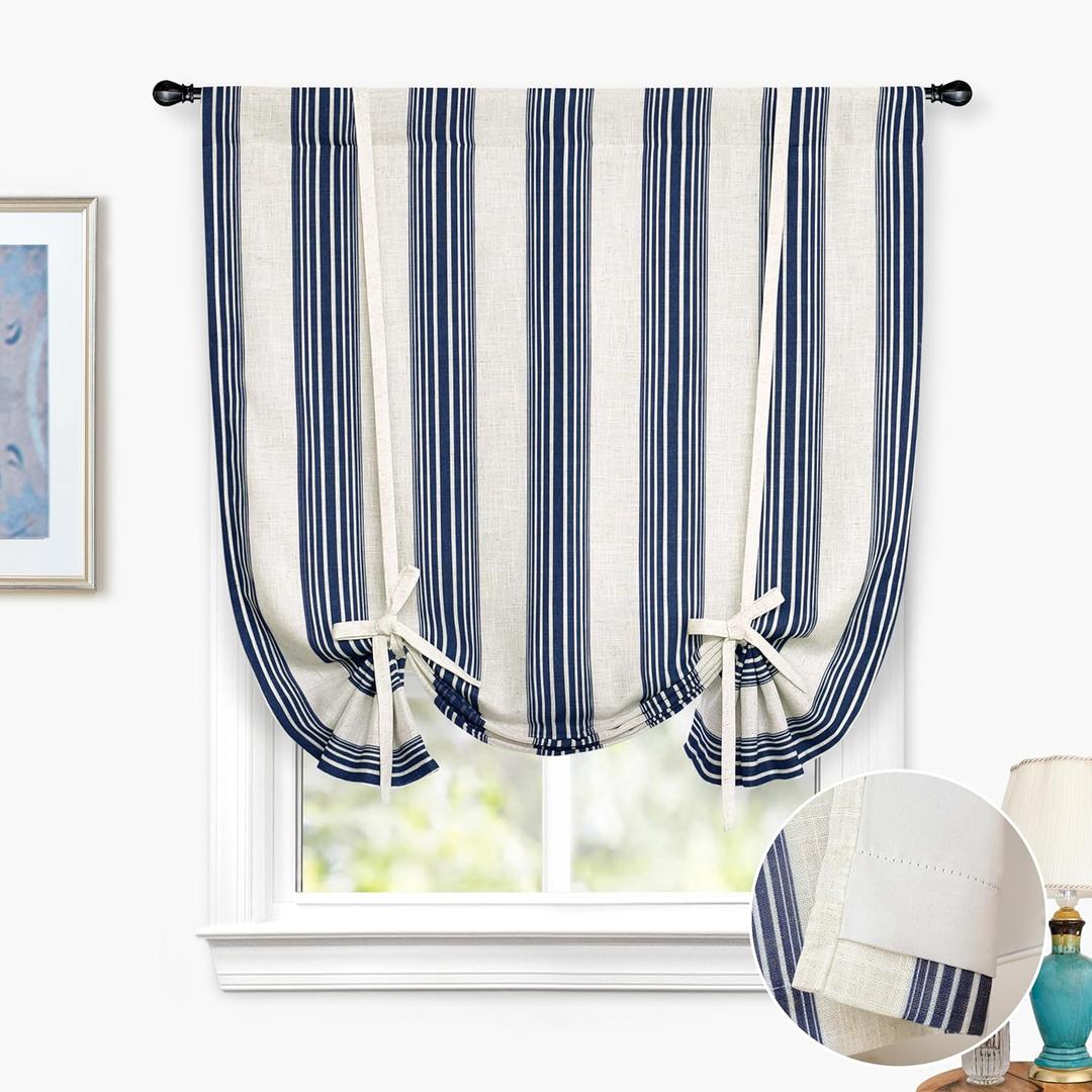 DriftAway Chris Double Layer Linen Blackout Tie Up Curtains Thermal Insulated Fully Lined Vertical Striped Balloon Roman Shade Bathroom Window Adjustable Rod Pocket 45 Inch by 63 Inch Ivory Dark Blue