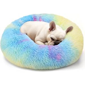 Hoewina Dog & Cat Bed, 20in Cat Beds for Indoor Cats, Calming Donut Bed for Puppy and Kitten, Washable Round Fluffy Pet Bed for Small Medium Dogs and Cats (Rainbow)